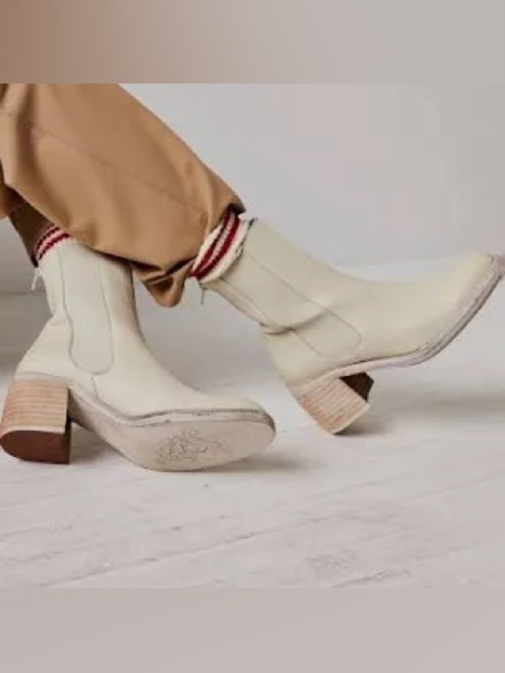 Free People Essential Chelsea Boots in a cream leather with stacked heel